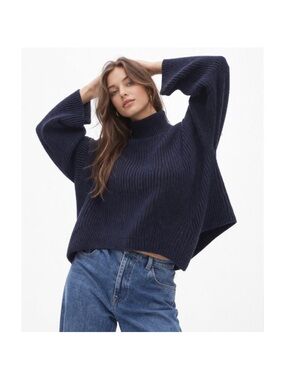 Topshop Navy Ribbed Funnel Neck Sweater
